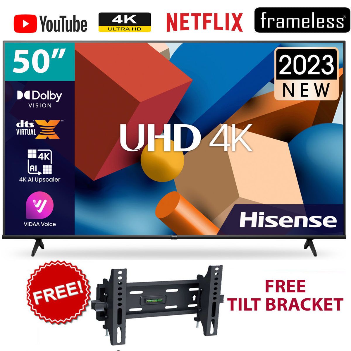 [OFFER OFFER!! ]Hisense 50" Inch (50A6K) VIDAA OS LED Frameless Smart TV,BLUETOOTH-ENABLED+TILT WALL BRACKET+2 YEARS WARRANTY
