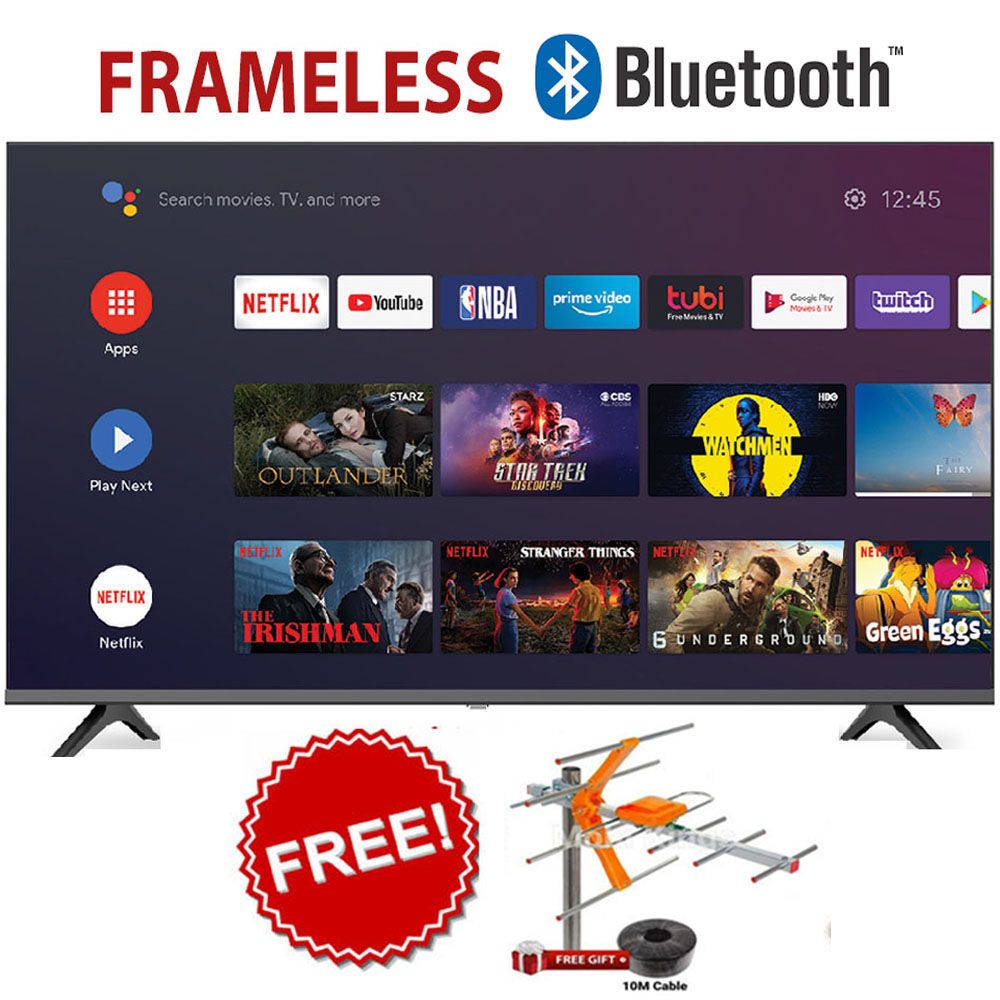 VITRON HTC4388FS 43" INCH WITH FREE AERIAL FRAMELESS BLUETOOTH  FULL HD SMART TV ANDROID TV NETFLIX ,YOUTUBE TELEVISION INBUILT DECODER ,USB/HDMI PORTS BUILT-IN WIFI, APP STORE+14MONTHS WARRANTY