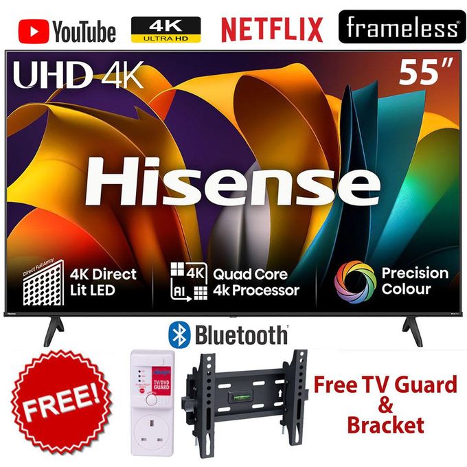 Hisense 55A6N, 55" Inch Class A6 Series 4K UHD VIDAA TV , Dolby Vision HDR, DTS Virtual X,Voice Remote+FREE TILT WALL BRACKET+TV GUARD