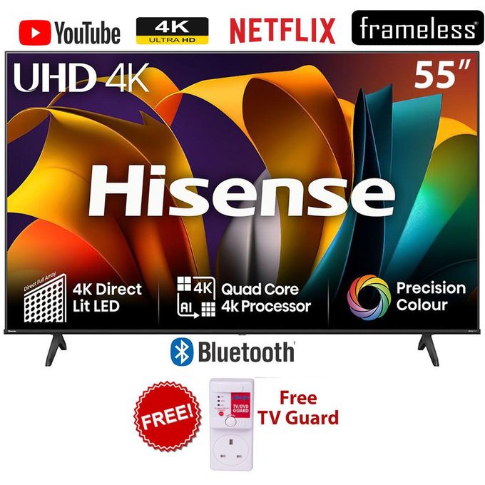 Hisense 55" Inch FRAMELESS VIDAA Smart TV 55A6N - Dolby Vision, Voice Remote, Netflix+FREE POWER GUARD