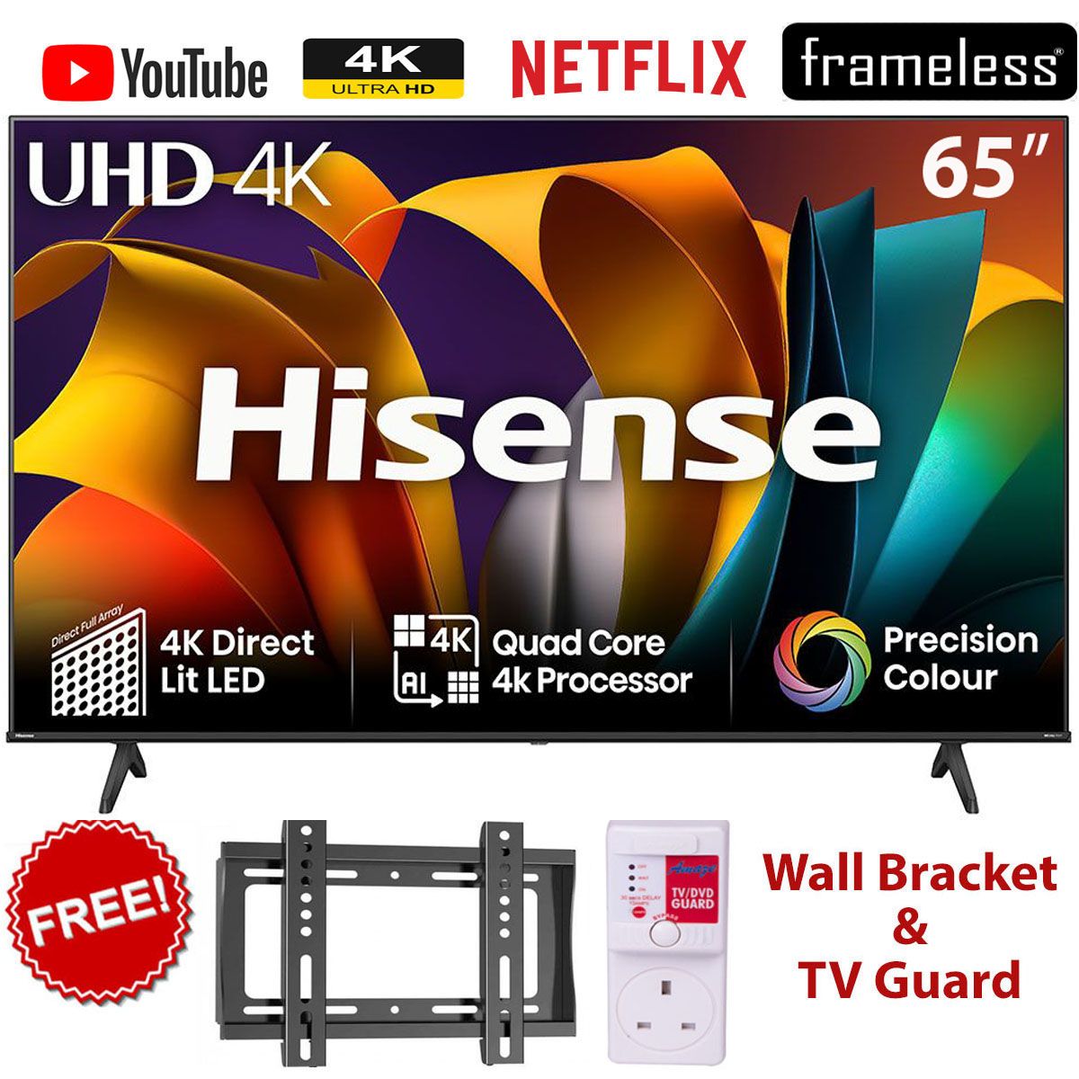 Hisense 65" Inch SMART TV,,ULTRA HD 4K,BLUETOOTH,FRAMELESS-NETFLIX,YOUTUBE+GIFTS