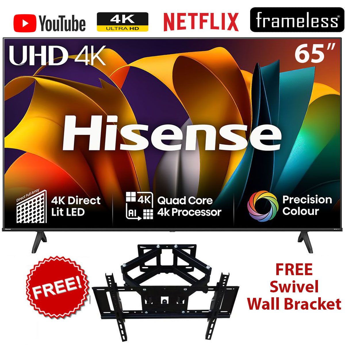 Hisense 65" INCHES 65A6N 4K HDR VIDAA TV,BLUETOOTH ENABLED (New 2025 Model)+FREE FULL MOTION WALL BRACKET