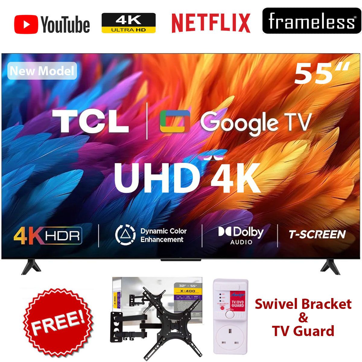 TCL 55" Inch,FRAMELESS,BLUETOOTH,Smart UHD 4K With HDR Google TV+360 BRACKET+TV GUARD