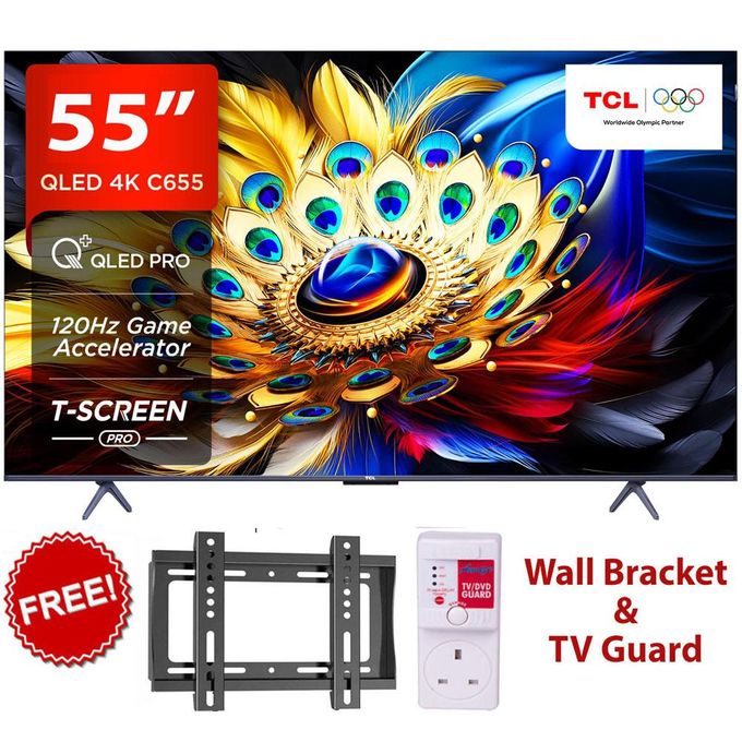 TCL C655 - 55" Inch,FRAMELESS QLED PRO ULTRA HD 4K SMART GOOGLE TV,BLUETOOTH TV+(2YRS WARRANTY)+FREE WALL BRACKET+TV GUARD