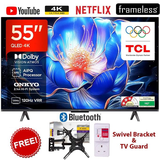 TCL 55" Inch QLED 4K Smart TV with Google ( 2025 Model) Dolby Vision, Atmos, HDR+FREE WALL  360 BRACKET+TV GUARD