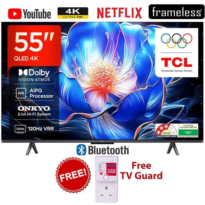 TCL 55" inches QLED 4K Ultra HD Smart Google TV 55T6C,FRAMELESS/BLUETOOTH-ENABLED,VOICE CONTROL+FREE POWER GUARD