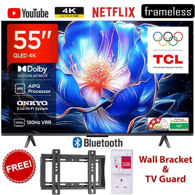 TCL 55" Inch FRAMELESS QLED 4K ULTRA HD SMART TV BLUETOOTH+FREE WALL BRACKET+TV GUARD