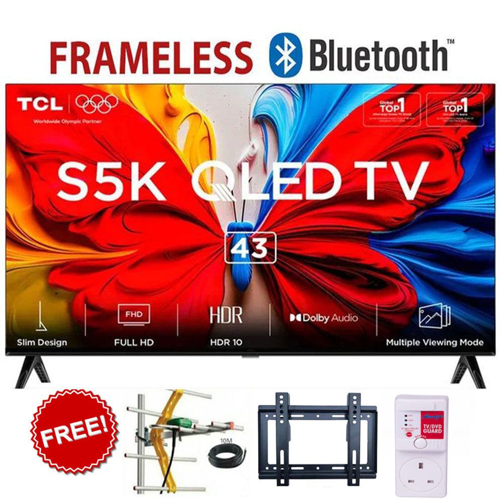 TCL 43S5K 43" QLED Smart TV,Full HD Resolution, Dolby Audio Sound, HDR Display, Google TV, Wi-Fi Connectivity, Netflix & YouTube+FREE AERIAL+WALL BRACKET+TV GUARD