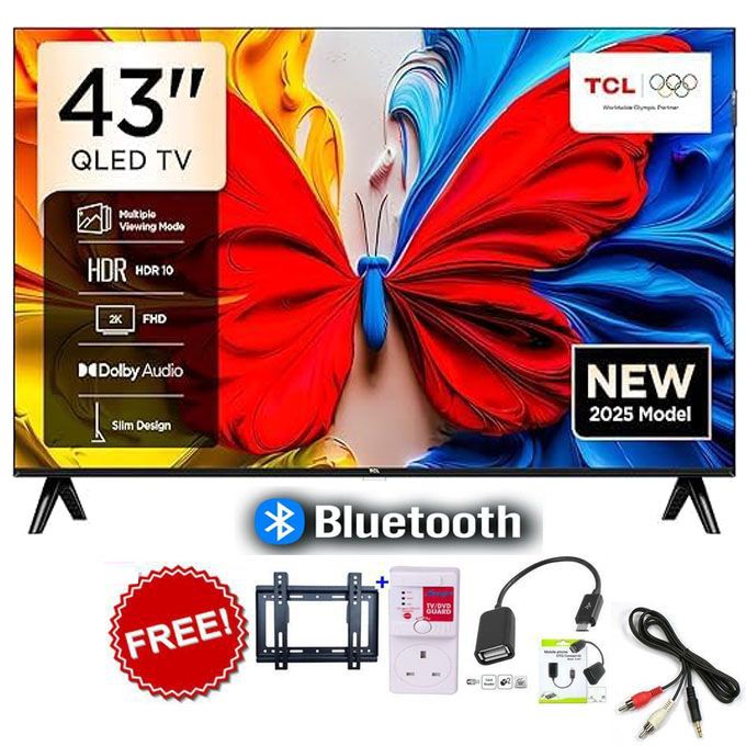 TCL 43 Inch QLED Full HD Smart Google TV – 43S5K Model, Dolby Audio, HDR, Frameless Design, YouTube, Netflix, HDMI/USB+FREE WALL BRACKET+TV GUARD+OTG&RCA CABLE
