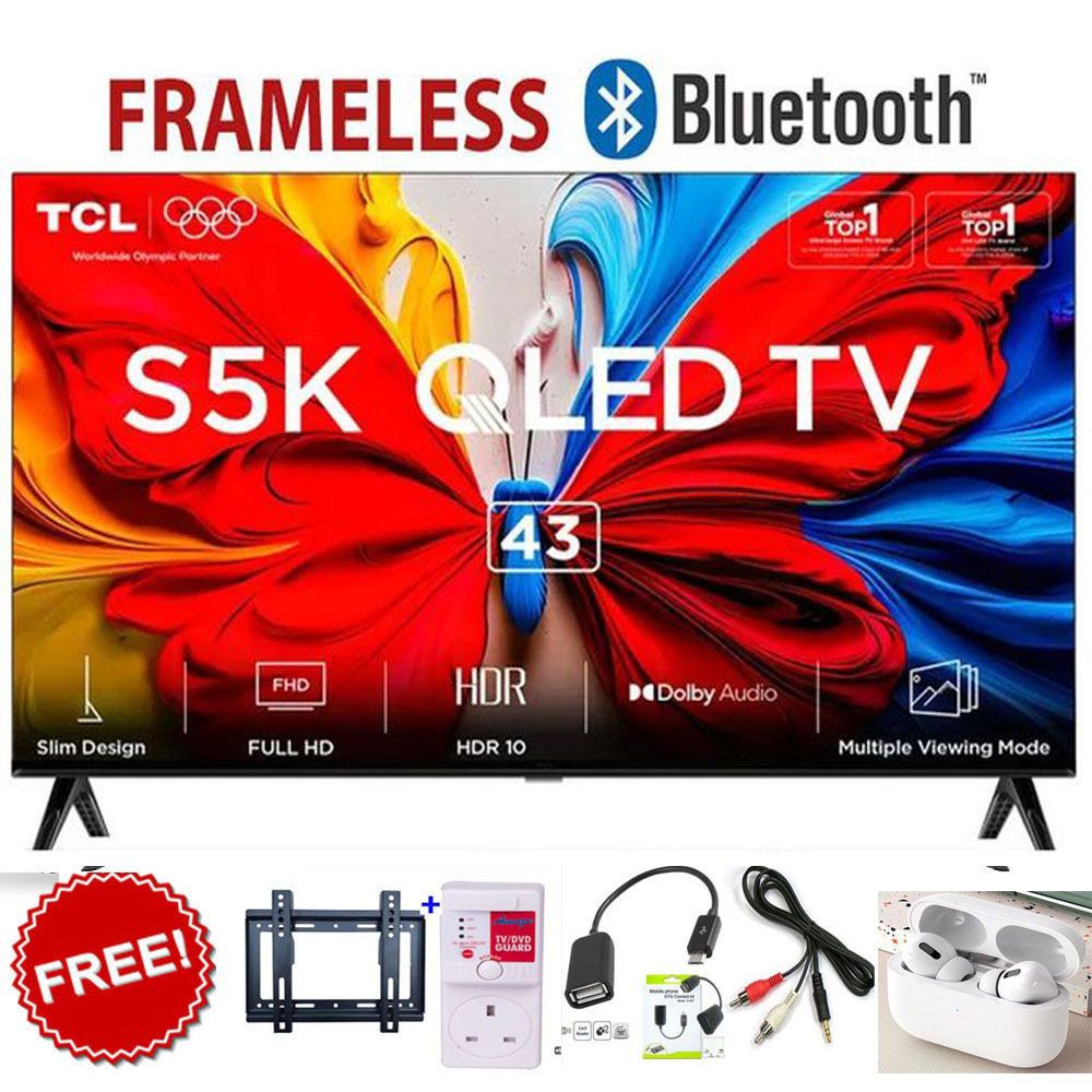 TCL 43 Inch QLED Full HD Smart Google TV – 43S5K Series, Dolby Audio Sound, HDR Visuals, Smart Apps, Netflix, YouTube+FREE WALL BRACKET+TV GUARD+OTG&RCA CABLE+EARPODS
