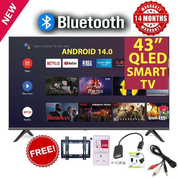 VITRON 43" INCH QLED SMART TV HTC4300QFS  BLUETOOTH-ENABLED FRAMELESS FHD ANDROID TELEVISION INBUILT DECODER NETFLIX YOUTUBE 43 INCH BUILT-IN WIFI APPSTORE+FREE BRACKET+TV GUARD+OTG CABLE+RCA CABLE