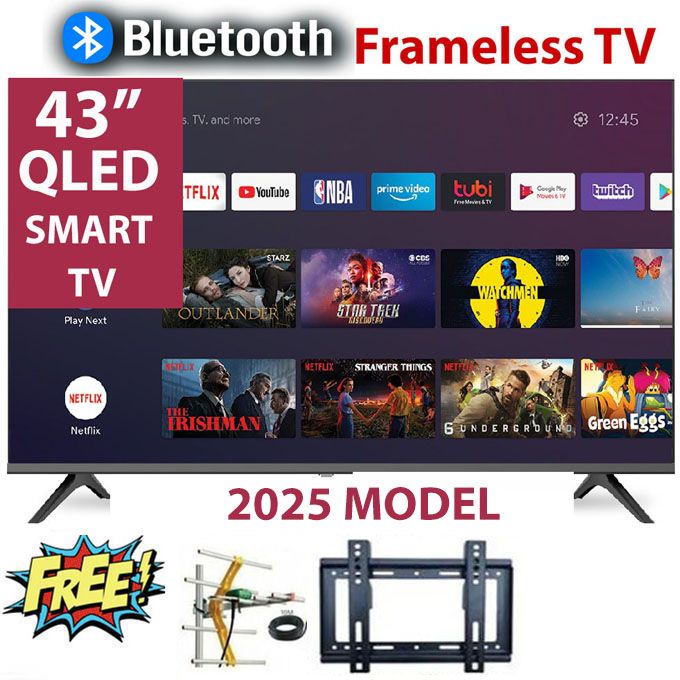 BLUETOOTH  VITRON 43" INCH , HTC4300QFS QLED FRAMELESS FULL HD SMART TV ANDROID TELEVISION NETFLIX YOUTUBE 43 INCH BUILT-IN WIFI APPSTORE 1GB RAM 8GBROM 2*USB PORTS,3*HDMI PORTS +FREE GIFTS