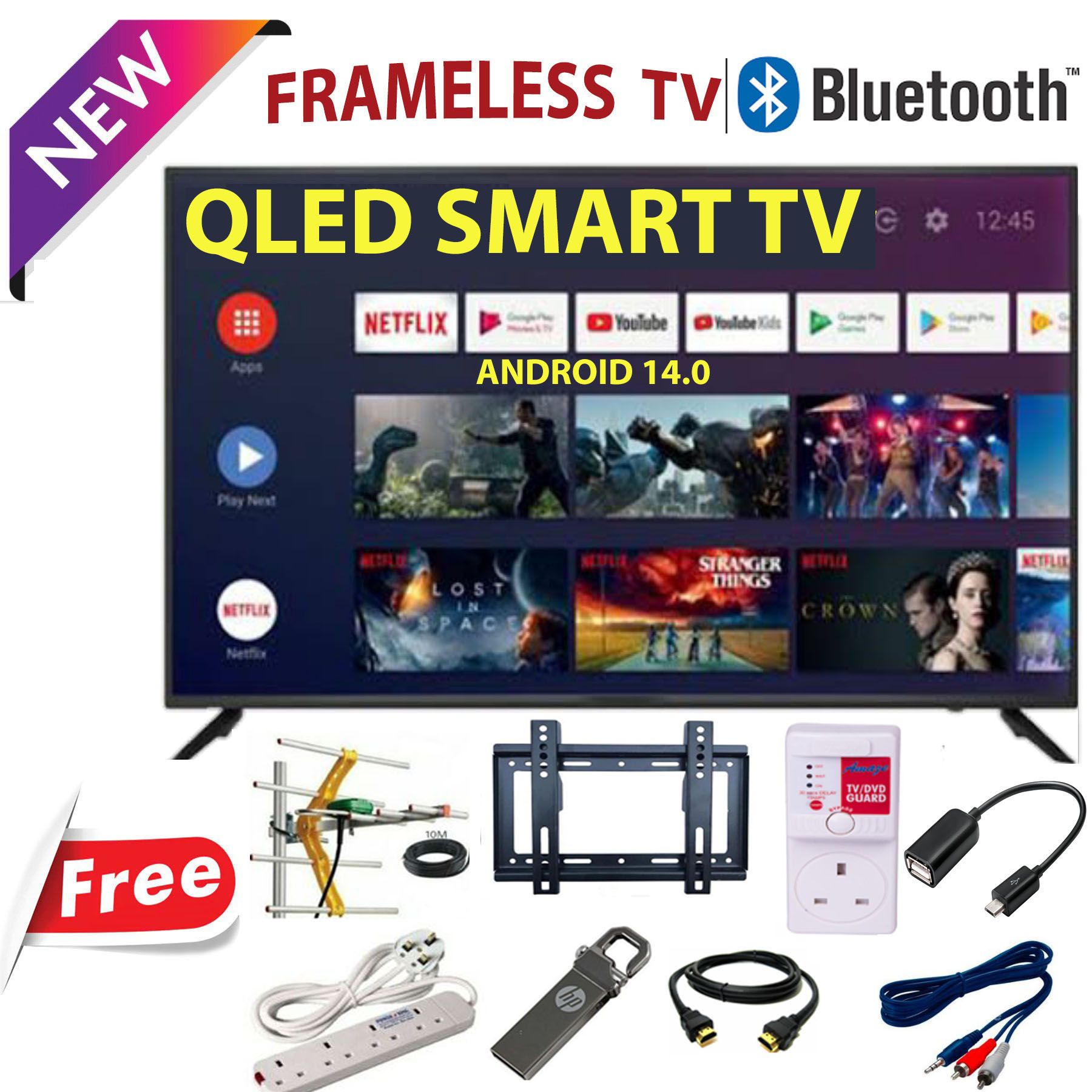 BLUETOOTH VITRON HTC4300QFS 43" INCH QLED FRAMELESS FULL HD SMART TV ANDROID TV NETFLIX ,YOUTUBE TELEVISION INBUILT DECODER ,USB/HDMI PORTS BUILT-IN WIFI, APPSTORE WITH 8 FREE GIFTS