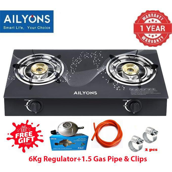 [ SPECIAL OFFER!! ] AILYONS GS025, 2 Burner -STRONG Glass Top Gas Cooker +FREE GAS Pipe +6KG Regulator(1YR WARRANTY)