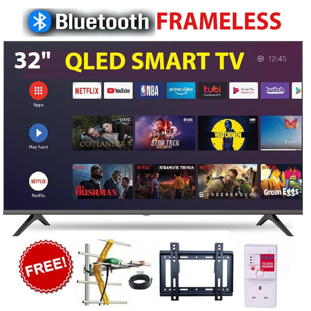 VITRON HTC3288QS,32" Inch QLED BLUETOOTH,Frameless Smart TV HD Netflix TV Youtube Television DVB-T2 Android 11 AC Energy Saving INBUILT Television 1GB+8GB+FREE AERIAL+BRACKET+TV GUARD