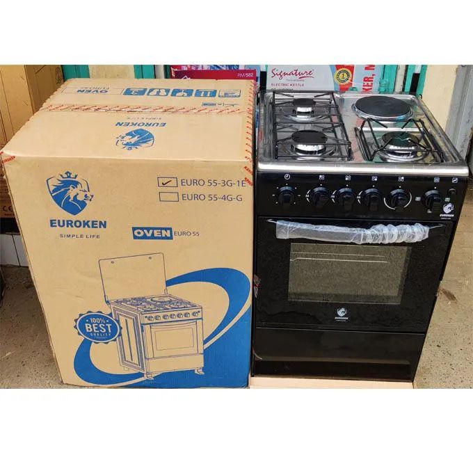 EUROKEN 50x55 Gas Jet Burners + 1 Electric Hot Plate Cooker,Electric Oven, Auto Ignition & Glass Top+FREE GIFTS