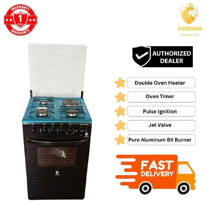 EUROKEN 50x55 Gas Jet Burners + 1 Electric Hot Plate Cooker,Electric Oven, Auto Ignition & Glass Top+FREE GIFTS