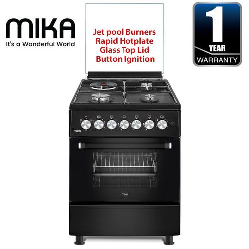 Mika Cooker 58*58, 3 Gas Jet Burners + 1 Hot Plate, Electric Oven Standing Cooker - Black