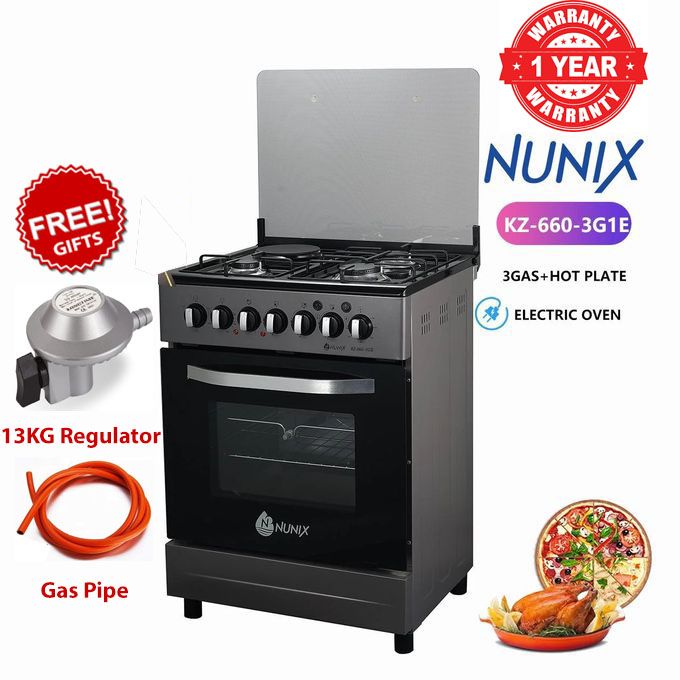 Nunix 60×60 3 Jet Burners+1 Hotplate Standing Cooker with Electric oven+Free 13kg Regulator+Gas Pipe