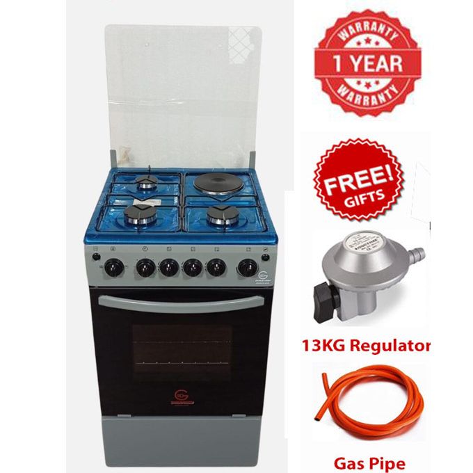 Eurochef 50x55, 3 Gas Jet Burners + 1 Hot Plate, Electric Oven, Rotisserie, Silver Standing Gas Cooker