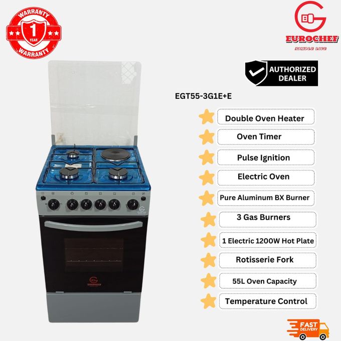 Eurochef 50x55, 3 Gas Jet Burners + 1 Hot Plate Free Standing Cooker + Electric Oven+FREE GIFTS