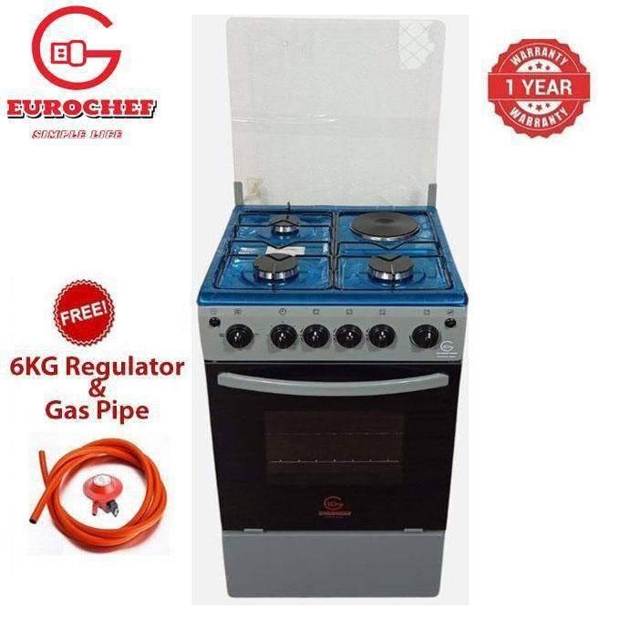 Eurochef 50x55, 3 Gas Jet Burners + 1 Hot Plate Free Standing Cooker + Electric Oven+FREE GIFTS