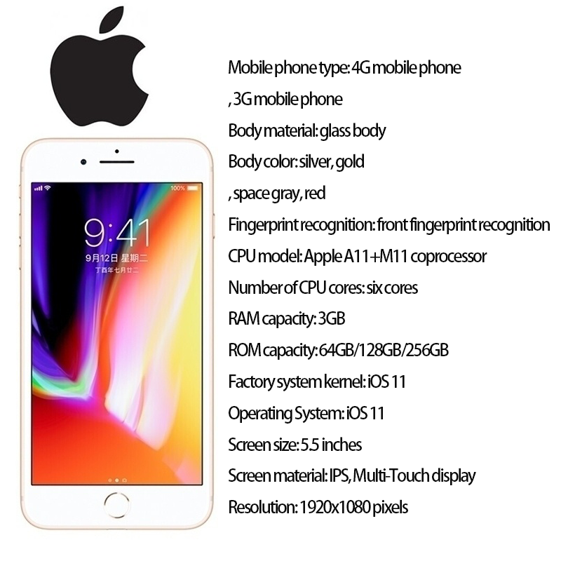 Refurbished Apple 8Puls Smart Phone 3+256GB With Fingerprint Unlock 5.5inch Support 2G/3G/4G Network Single Card 2675mAh