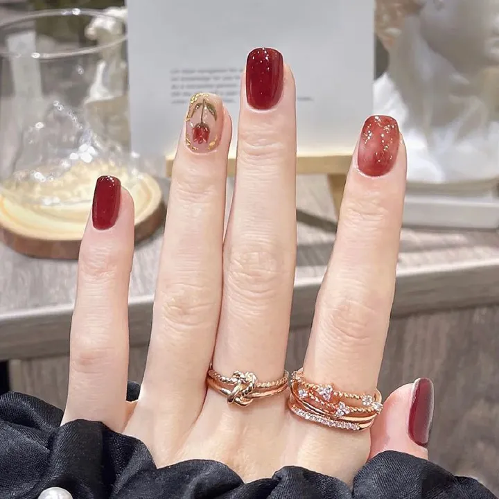 Blooming Ice Transparent Red Brown Deep Cherry Red Nail Art Tulip Flower Red Bride Style Wearable Nail 24 Pcs