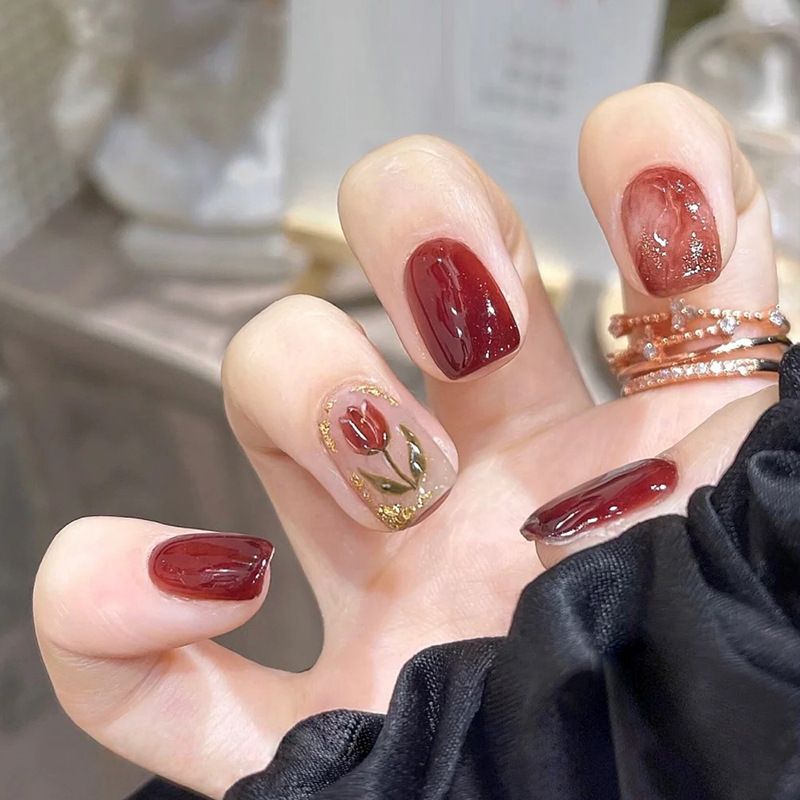 Blooming Ice Transparent Red Brown Deep Cherry Red Nail Art Tulip Flower Red Bride Style Wearable Nail 24 Pcs