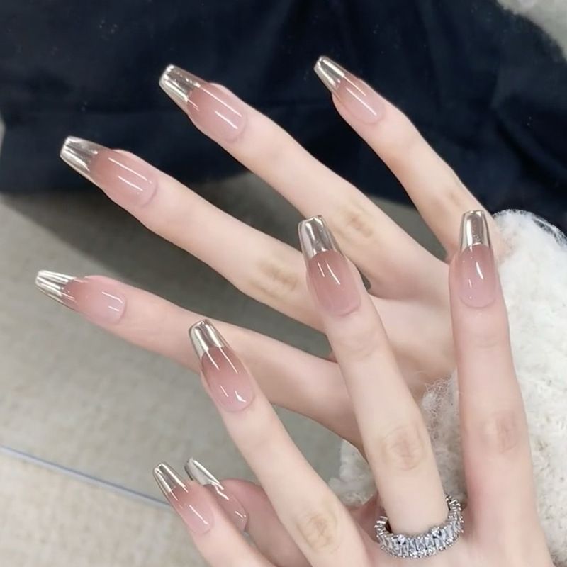 Fashion nail sticker metal French manicure simple blush gradient wearable nail false nail removable long ballet nail nail sticker