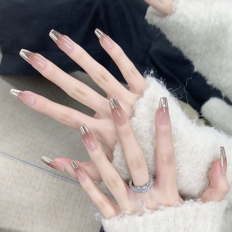Fashion nail sticker metal French manicure simple blush gradient wearable nail false nail removable long ballet nail nail sticker