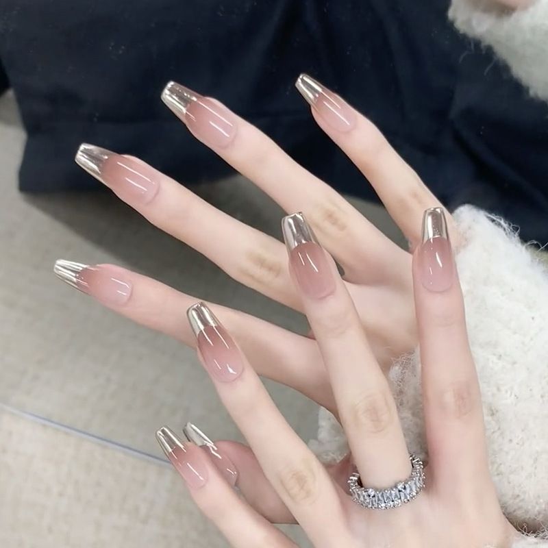 Fashion nail sticker metal French manicure simple blush gradient wearable nail false nail removable long ballet nail nail sticker