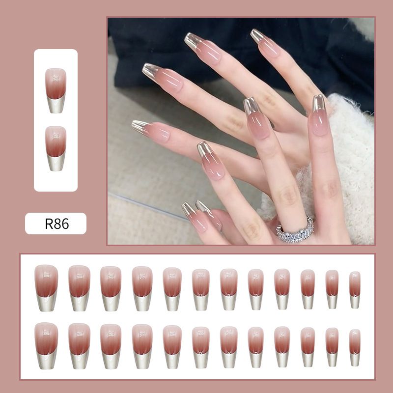 Fashion nail sticker metal French manicure simple blush gradient wearable nail false nail removable long ballet nail nail sticker