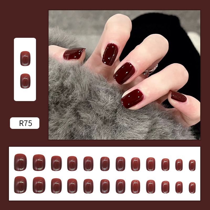 Simple and elegant, pure color nail art, wine red wearable nail, artificial nail sticker, finished short nail, 24 pieces, removable