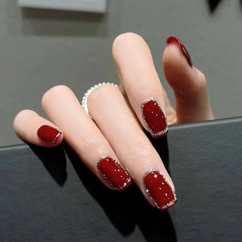 Burgundy crushed flash nail wearing finished product detachable nail sticker net red fake nail pure desire nail glitter nail piece