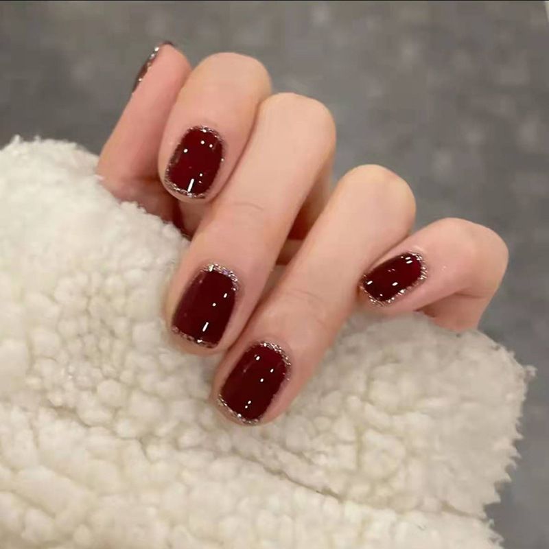 Burgundy crushed flash nail wearing finished product detachable nail sticker net red fake nail pure desire nail glitter nail piece