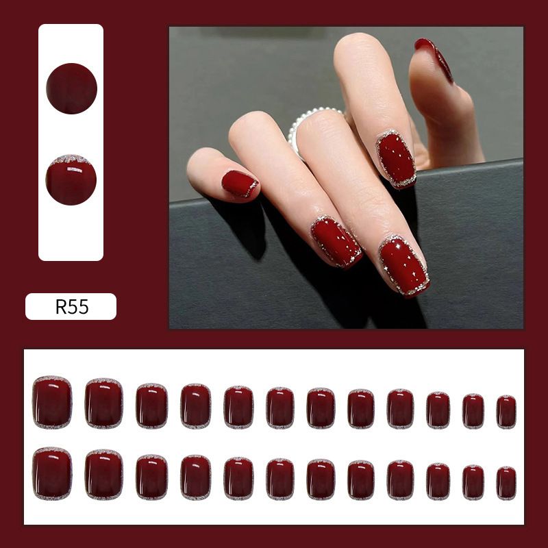 Burgundy crushed flash nail wearing finished product detachable nail sticker net red fake nail pure desire nail glitter nail piece