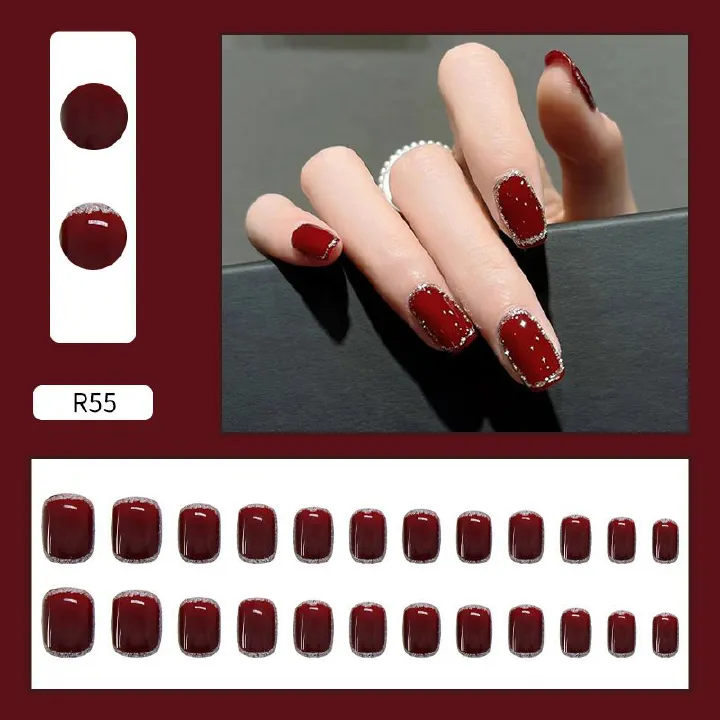 Burgundy crushed flash nail wearing finished product detachable nail sticker net red fake nail pure desire nail glitter nail piece