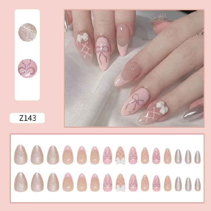 Sweet pink bow nail sticker removable sparkle powder ins style wear nail false nail piece French manicure