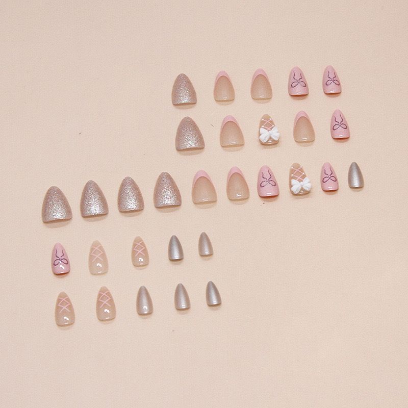 Sweet pink bow nail sticker removable sparkle powder ins style wear nail false nail piece French manicure