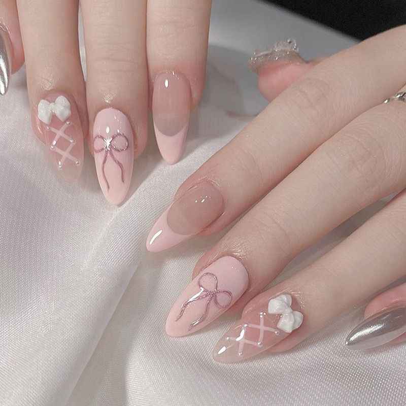 Sweet pink bow nail sticker removable sparkle powder ins style wear nail false nail piece French manicure