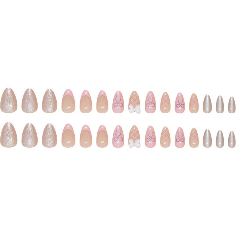 Sweet pink bow nail sticker removable sparkle powder ins style wear nail false nail piece French manicure