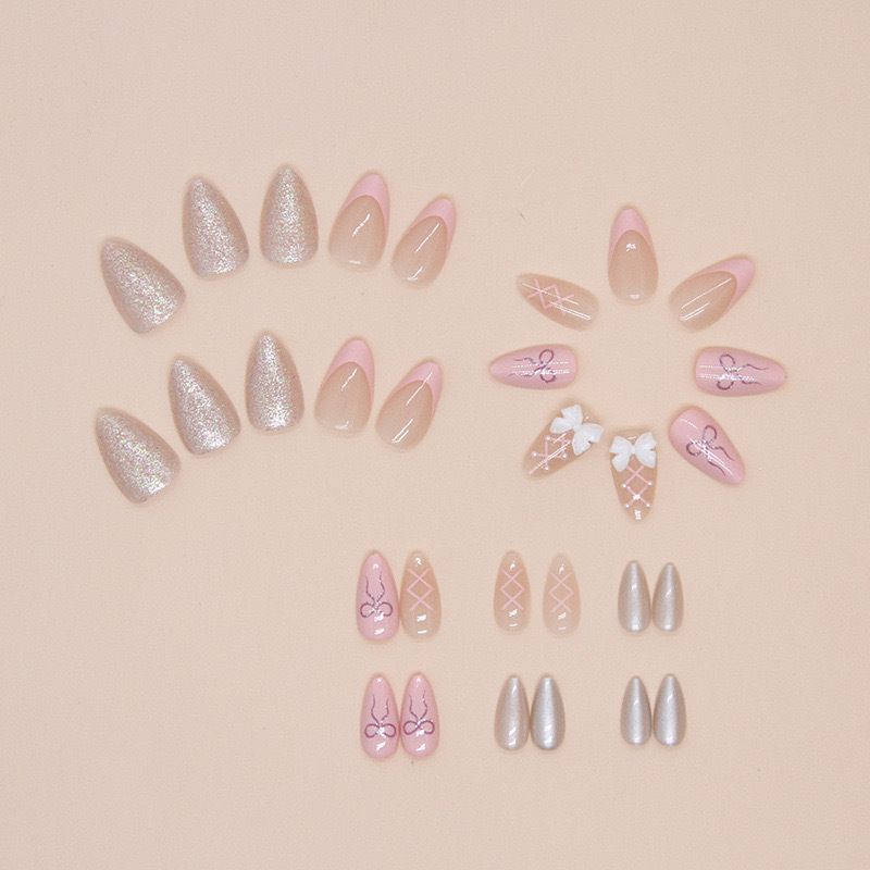 Sweet pink bow nail sticker removable sparkle powder ins style wear nail false nail piece French manicure