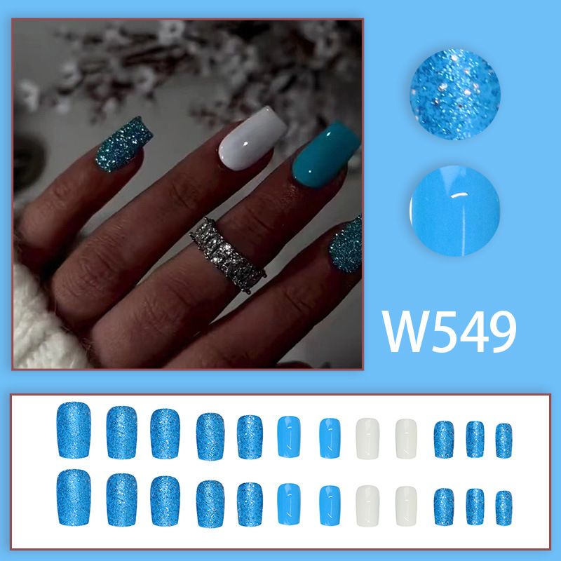 Blue sparkle white jade temperament wearable nail art European and American popular wearable short detachable reusable nail art nail plate