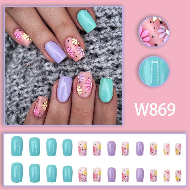 Wearable nail art, light and fresh, summer, flowers, lake, green, sweet potato, purple, fashionable, small niche, wearable nail