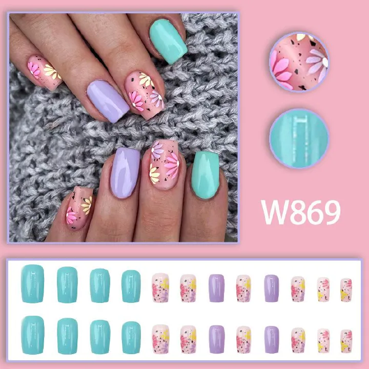 Wearable nail art, light and fresh, summer, flowers, lake, green, sweet potato, purple, fashionable, small niche, wearable nail