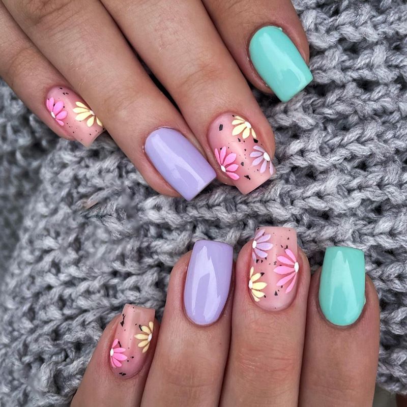 Wearable nail art, light and fresh, summer, flowers, lake, green, sweet potato, purple, fashionable, small niche, wearable nail