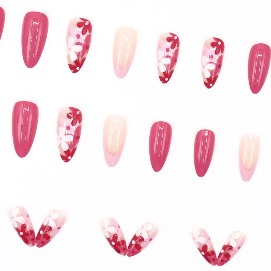 New style, popular style, wearable nail plate, European and American almond nail, ins style, French rose red, young girl, sweet, flowers, simple, cute, removable, wearable nail plate