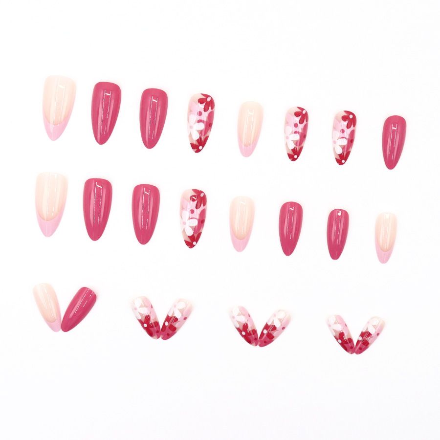 New style, popular style, wearable nail plate, European and American almond nail, ins style, French rose red, young girl, sweet, flowers, simple, cute, removable, wearable nail plate