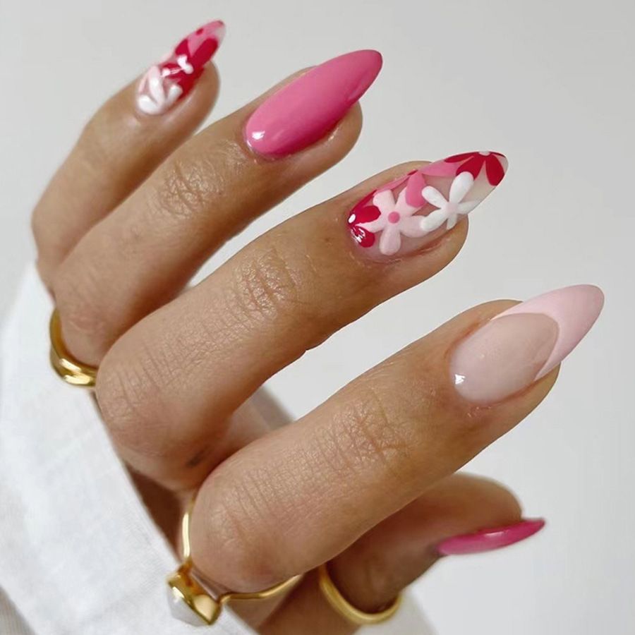 New style, popular style, wearable nail plate, European and American almond nail, ins style, French rose red, young girl, sweet, flowers, simple, cute, removable, wearable nail plate